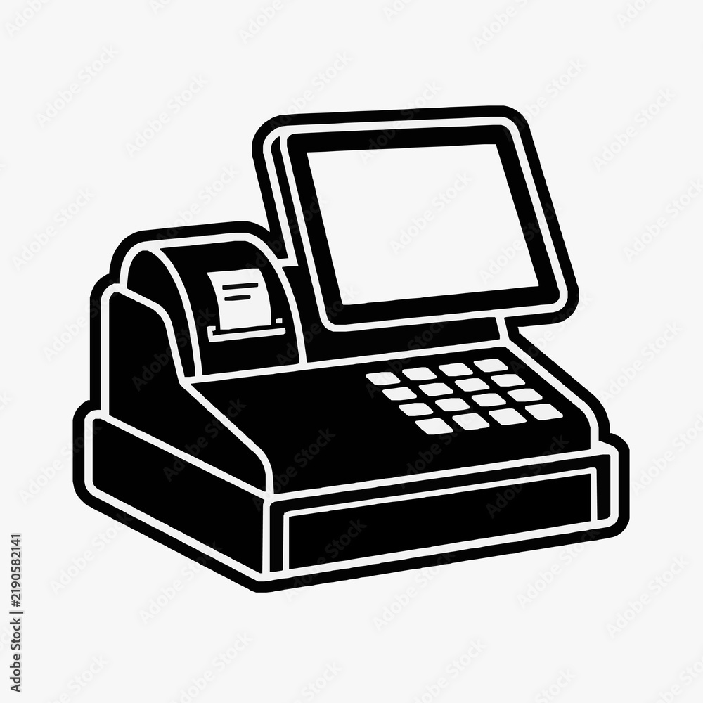 Fototapeta premium Elegant Black and White Line Drawing of a Modern Point of Sale Cash Register System with Touchscreen Display