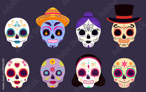 Day of the Dead calavera sugar skulls set with ornaments. Mexican holiday dia de la muertos vector illustration.