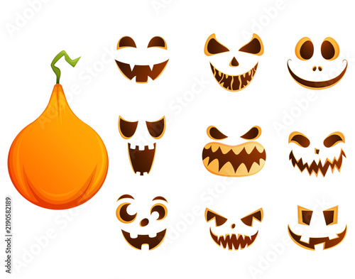 Halloween pumpkin faces collection with mischievous eyes, jagged teeth and funny grins, arranged around a bright orange gourd. Cheerful vector elements for Halloween designs and crafts.