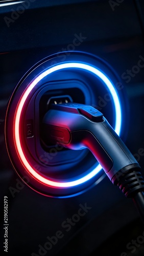 Electric Car Charging with Glowing Red and Blue Ring
