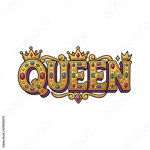 Ornate Golden Queen Text Illustration with Crowns and Gemstones
