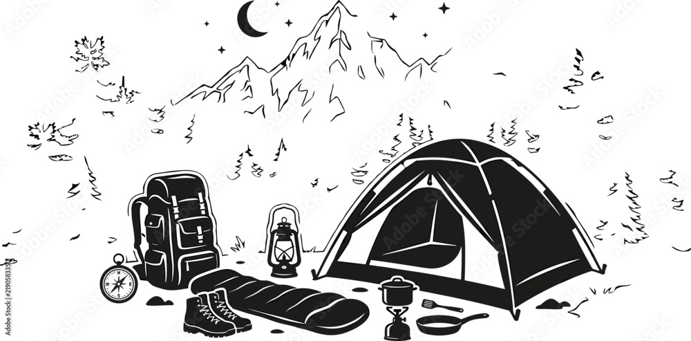 Obraz premium Camping gear illustration depicts a tent backpack and mountainous landscape