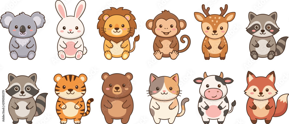 Fototapeta premium Cute Cartoon Baby Animal Vector Icon Set with Lion, Tiger, Bear, Cow, Fox, Koala, Rabbit, Monkey, Deer, and Raccoon Characters for Kids Stickers
