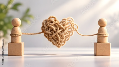 Tangled rope heart knot connecting wooden figures representing complex psychology and relationship therapy
