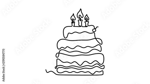 Animated self drawing of continuous line draw of birthday cake with candles.  Full length one line animation. 4K	