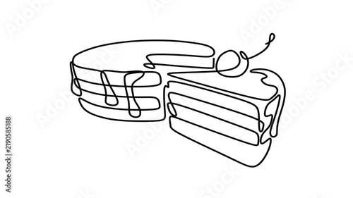Animated self drawing of continuous line draw of Cake with Slice and Cherry.  Full length one line animation. 4K	