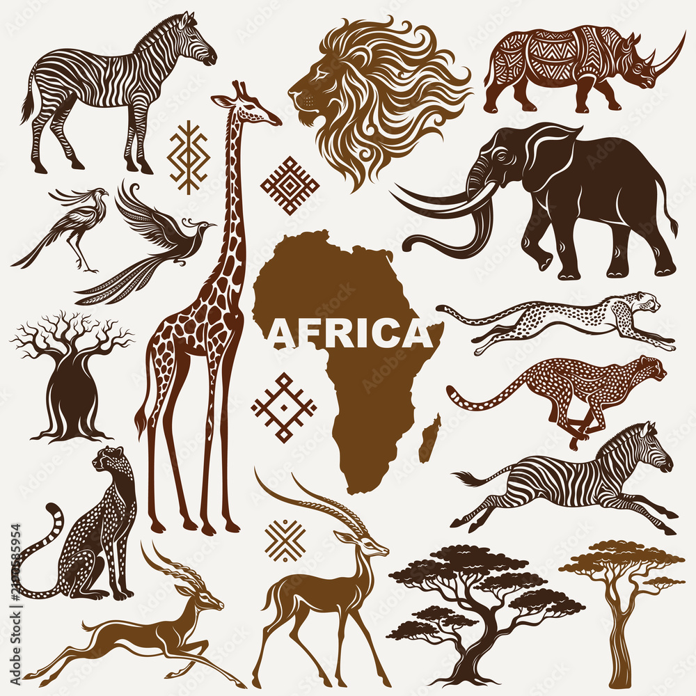 Fototapeta premium African Digital Clipart, Traditional African Ornaments and Animal Silhouettes, Tribal Africa Design, Ethnic Decorative Graphics