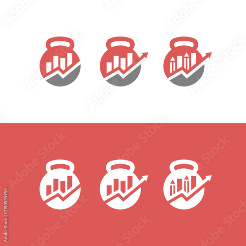 Professional Growth and Fitness Progression Logo Icons Featuring Kettlebell and Bar Graph Growth Trends