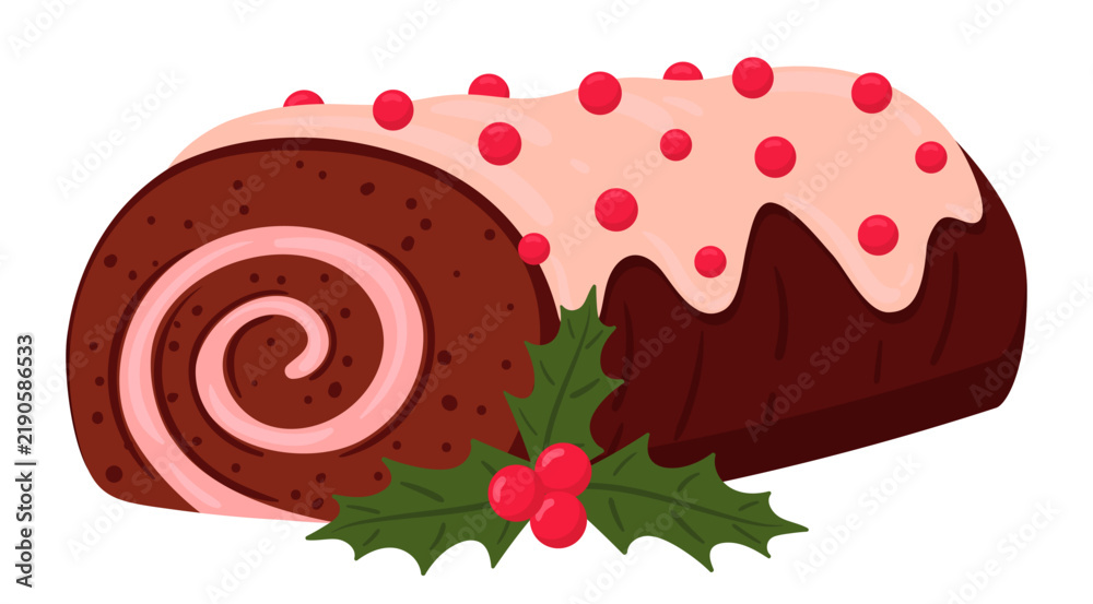 Obraz premium Christmas chocolate roll. Chocolate Swiss roll cake with pink icing, holly leaves and red berries flat vector illustration. Festive winter holiday dessert isolated on white