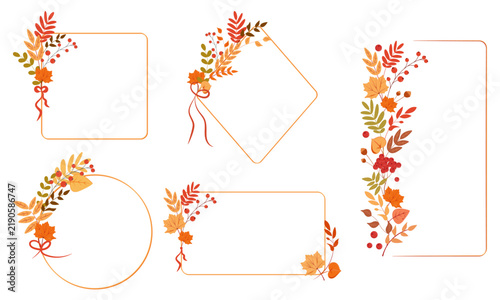 Set of autumn floral frames with maples leaves, berries and branches. Isolated on transparent background. Vector botanical borders collection for greeting, invitation, card and wedding design.