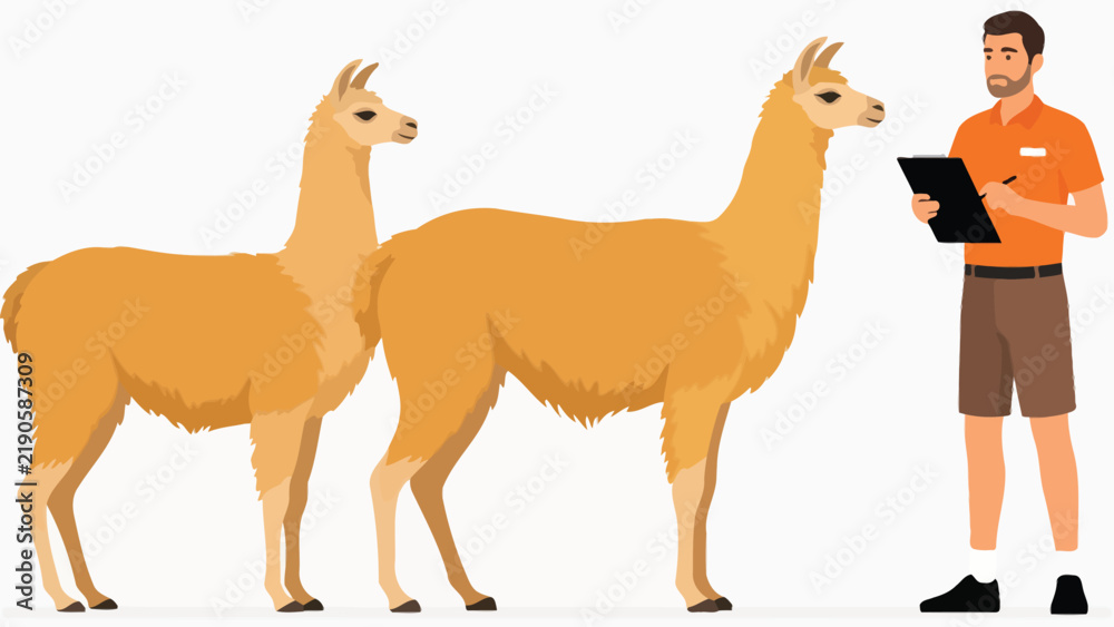 Obraz premium Male Zookeeper Checking Health of Llamas with Clipboard Vector Illustration