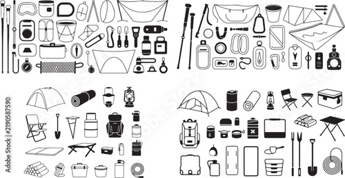 Extensive collection of camping and outdoor gear including tents cooking equipment backpacks and accessories for outdoor adventures and camping trips in natural environments