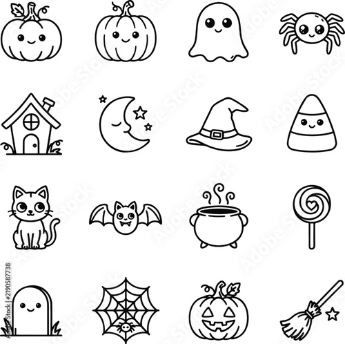Kawaii Halloween Elements Vector Collection Outlines for Crafting
