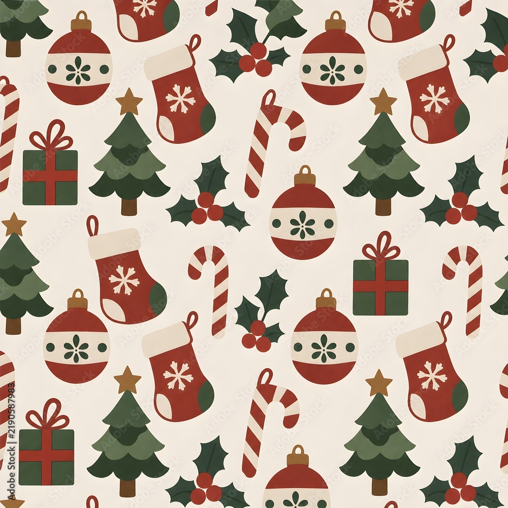 Fototapeta premium Christmas Seamless Pattern with Pine Tree, Bauble Ornament, Stocking, Candy Cane, and Holly Leaves