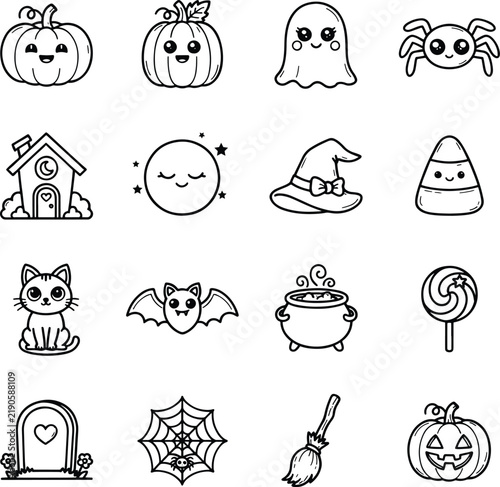 Kawaii Halloween Elements Vector Collection Outlines for Crafting