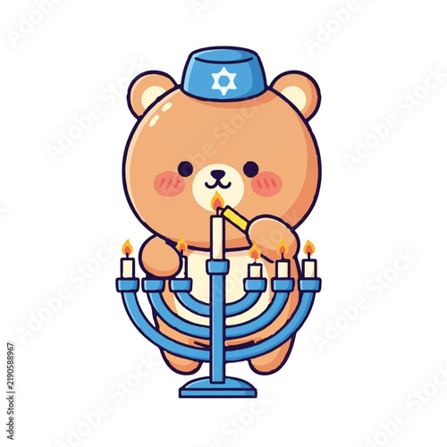 Cute cartoon bear lighting a hanukkah menorah with a candle