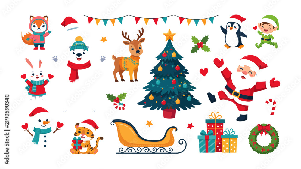 Fototapeta premium Cute cartoon Christmas clip art set with Santa Claus and festive winter characters
