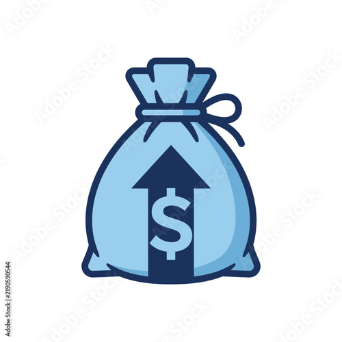 Blue money bag icon with upward arrow and dollar sign representing financial profit and growth.