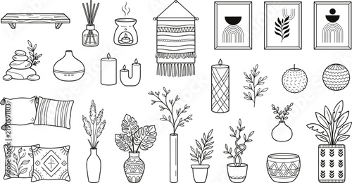 Home interior decor elements with house plants and boho accessories.