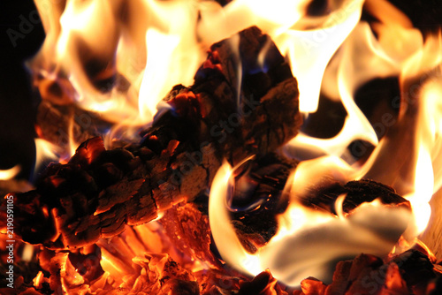 Burning wood with a bright fire in the fireplace