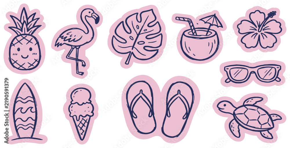 Obraz premium Collection of cute hand-drawn summer vacation icons including a pineapple, flamingo, palm leaf, cocktail, hibiscus, surfboard, ice cream, flip-flops, sunglasses, and a turtle.