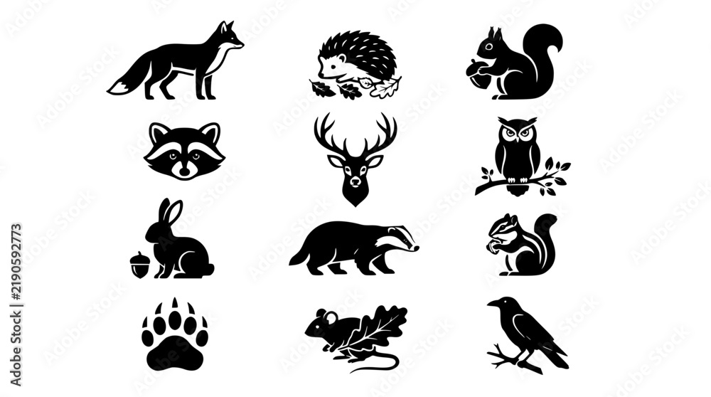 Obraz premium Autumn Woodland Animals Black Silhouette Vector Collection