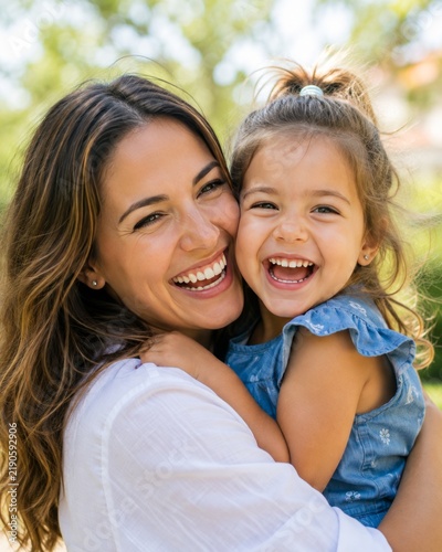 mother holding daughter outdoors in bright daylight, realistic portrait photography style with warm tones and close-up composition emphasizing love, joy, and family connection