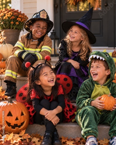 children in halloween costumes sitting on porch steps surrounded by pumpkins and autumn leaves, realistic photography style with warm tones and balanced composition emphasizing joy, friendship