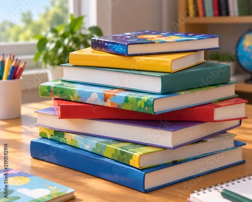 stack of colorful hardcover books with illustrated covers on wooden desk in bright daylight, realistic photography style with warm tones and balanced composition emphasizing creativity, learning
