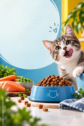tabby cat licking lips beside blue bowl of dry food with salmon and peas on bright kitchen table, vibrant pet photography style in warm yellow and cool blue tones with playful composition