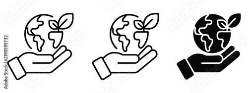 Earth icon set, planet in hand symbolizing eco-friendly care, sustainability, environmental protection, green living, nature conservation, and ecological awareness, eps10.