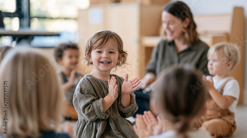 A preschool music session with a teacher playing a keyboard while children clap along seated in a semicircle, rhythm and beat recognition group activity, early childhood music