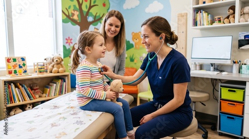 Pediatrician examines a young girl with a stethoscope in a colorful child friendly examination room while mother watches