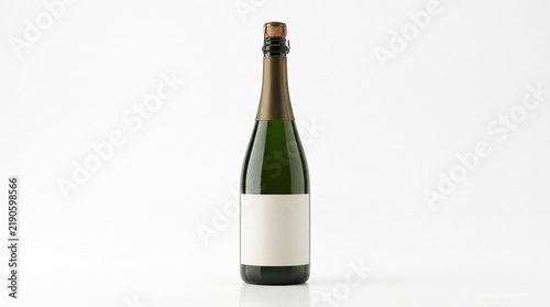 A single green glass bottle of champagne or sparkling wine with a blank white label and a cork stopper on a white background