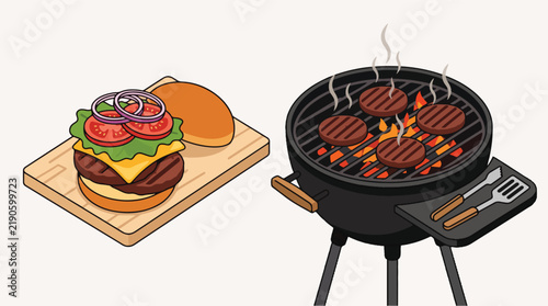 Grilled burger patties cooking on charcoal barbecue beside fresh ingredients placed on wooden cutting board