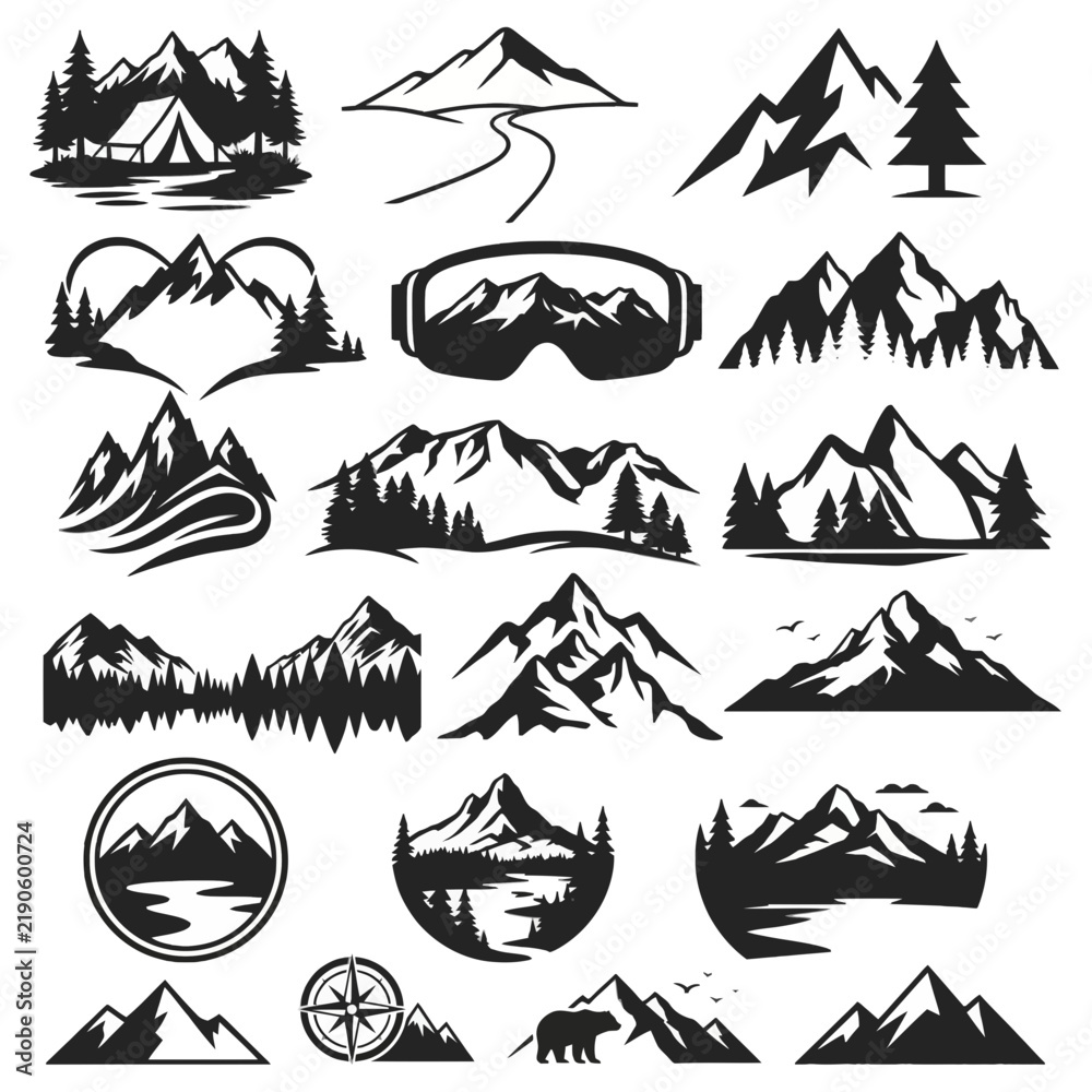 Fototapeta premium Outdoor adventure mountain landscape silhouettes and camping vector icons