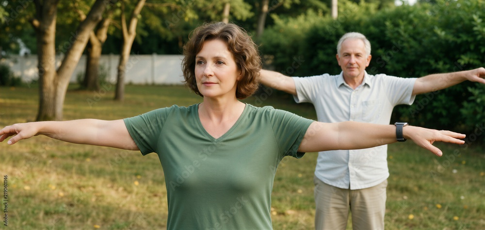Obraz premium Two seniors practicing stretching outdoors, embodying active aging and healthy lifestyle in nature.