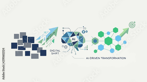 Digital Transformation Process Flow Infographic With AI and Data Elements.