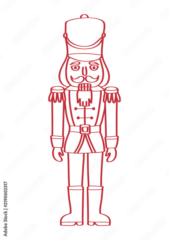 Obraz premium Traditional Christmas nutcracker soldier line outline for seasonal winter holiday festive celebration projects