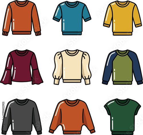 Quadro su tela Various colorful sweaters and shirts with different sleeve lengths and necklines are arranged neatly in a grid pattern against a plain white background