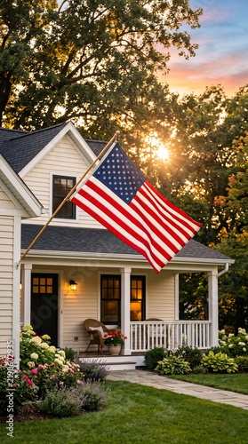 American flag waving in front of well-maintained suburban home during sunset with transparent background