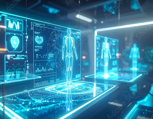 Futuristic glowing holographic medical interfaces and anatomical wireframe displays in a high-tech laboratory setting, ideal for advanced healthcare concepts.