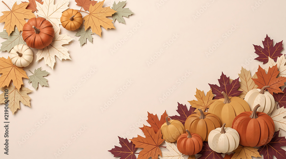 Fototapeta premium Autumn harvest border with pumpkins and colorful fall leaves on beige