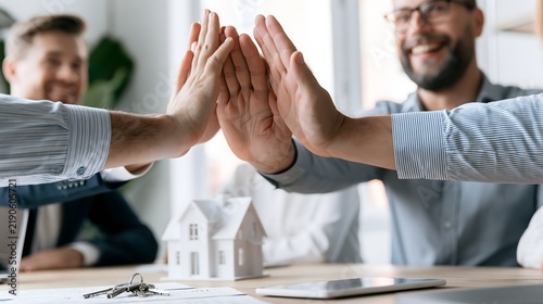 successful real estate business concept, professional agency team celebrating completion of a property transaction in a modern office, house keys and architectural model on conference table,