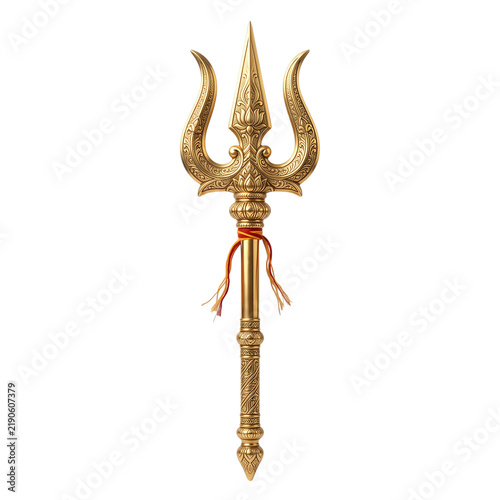 Ornate golden trident with decorative engravings with tied shaft on transparent background