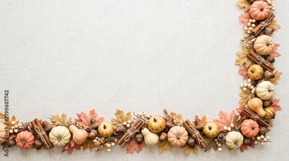 Obraz premium Decorative autumn corner frame with pumpkins and cinnamon sticks on light textured fabric background for harvest festival invitation.