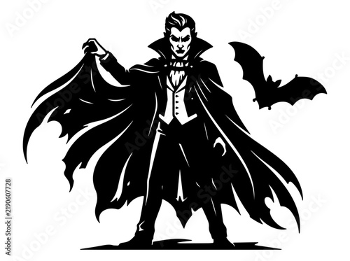 Foto Black and white illustration of a scary vampire count with a flying bat