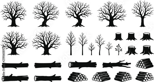 Black and White Tree Stumps Logs Pinecones Woodland Silhouette Collection