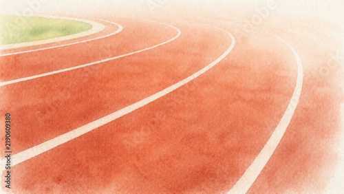 Watercolor illustration of curved running track with soft red and white lane markings, empty space for text on stadium athletic field
