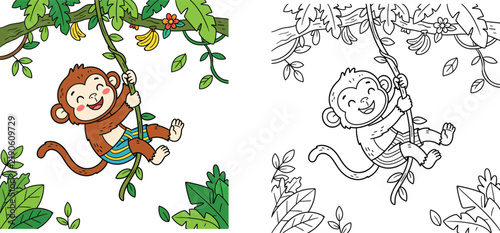 Photography Cute Cartoon Monkey Hanging from a Vine in the Jungle Vector Illustration Wearin